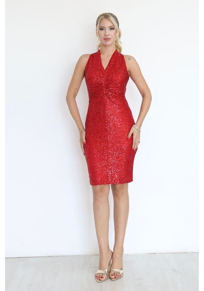 Lodmela Halter Yaka Pile Detaylı Payetli Midi Elbise 6095-kırmızı