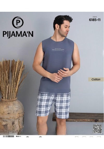Pijamoni Erkek Bisiklet Yaka Kolsuz Şortlu Pijama Takımı 6185/11 - 1 Adet Füme