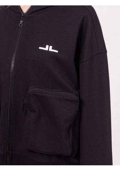 Kız Çocuk Pamuklu Fermuarlı Kapüşonlu Büyük Cepli Sweatshirt-13790 Siyah