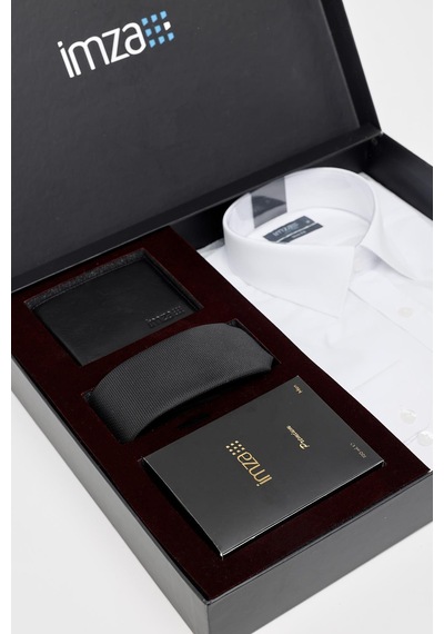 İmza Beyaz Gömlek Slim Fit, Kravat, Cüzdan, Parfüm 4'lü Set, Damat Bohçası, Hediye Seti, Düğün Set Beyaz