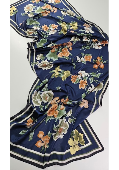 Miorel Scarfs Yeni Sezon Çiçek Desen Vual İpek Şal Fular Silk Scarfs Shawl Hijab Lacivert
