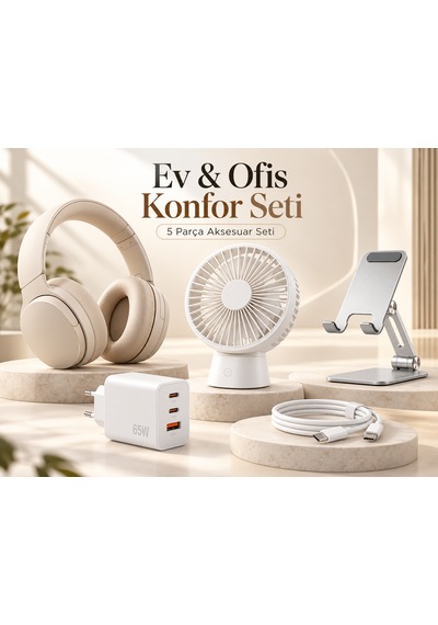 Ev Ve Ofis Konfor Seti - 5 Parça Kulaklık, Masaüstü Fan, 65w Adaptör, Telefon Standı Ve Şarj Kablosu 01