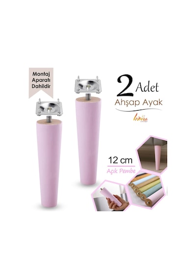 2 Adet Ahşap Ayak 12 Cm Açık Pembe M8 Civatalı Bağlantı Aparatlı Dolap Mobilya Koltuk Kanepe Destek Ayağı Ayakları Pembe