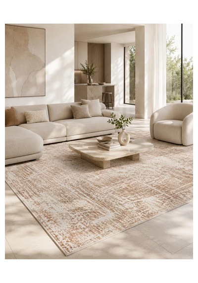 Sahra Collection Modern Vintage Desenli Eskitme Dokuma Yumuşak Salon Halısı Krem - Turuncu