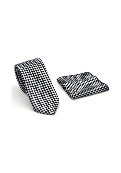 Gaffy Siyah Piti Kare Desenli Beyaz Dokuma Kumaş Mendilli Slim Fit Kravat // Sdk-2503-4 Beyaz