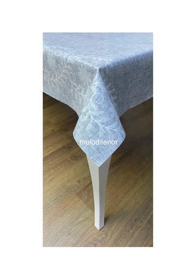 Kenarlı Kanaviçe İşleme Nakışlı Kumaş Desen Silinebilir Dikdörtgen Pvc Muşamba Masa Örtüsü Gri