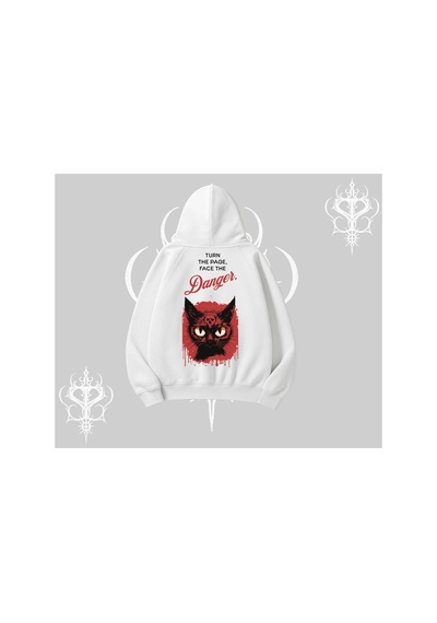 Tarzsokak Gotik Kedi Arka Baskılı Kapşonlu Sweatshirt Beyaz