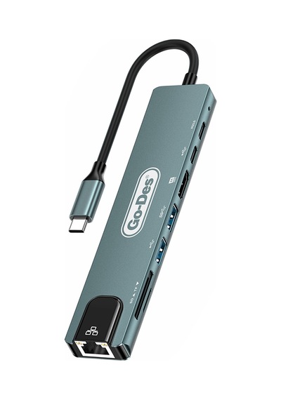 Go Des Gd-9230 Type-c Bağlantılı 8in1 Usb3.0 + Pd + Hdmi 4k Ultra Hd + Rj45 + Sd/tf Hub Adaptör Gri