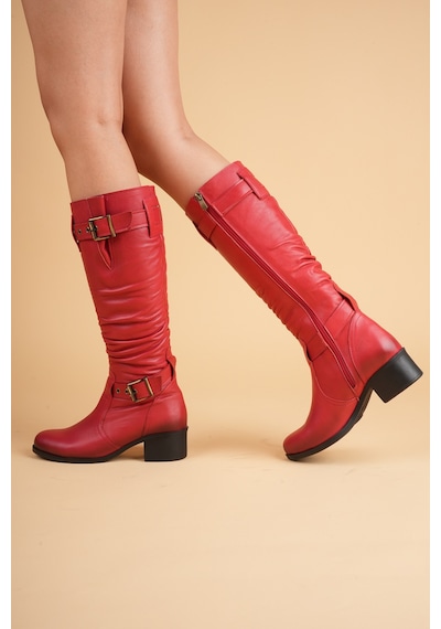 Analin Shoes Kadın Hakiki Deri Körüklü Ayarlanabilir Tokalı Çizme Kırmızı