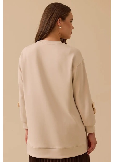 Kadın Çiçek Detaylı Cepli Sweatshirt - Bej Bej