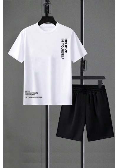 Uyguntarz Unisex Believe Detay Baskılı Şort Takım Beyaz