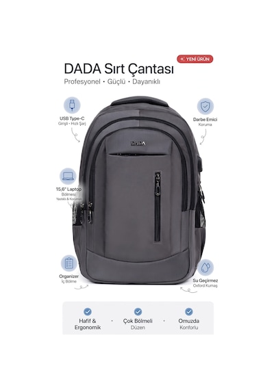 Markahit Dada Usb Type-c Girişli Sırt Çantası 15,6 İnç Organizer İç Bölme Darbe Emici Koruma Su Geçirmez Oxfo Gri