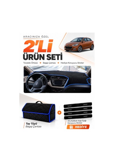 Hyundai İ20 2014-2020 Uyumlu Torpido Örtüsü + Tay Tüyü Bagaj Çantası + Sticker Seti - Siyah Mavi