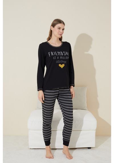 Siyah İnci Pamuklu Örme Pijama Takım 24240131 Siyah
