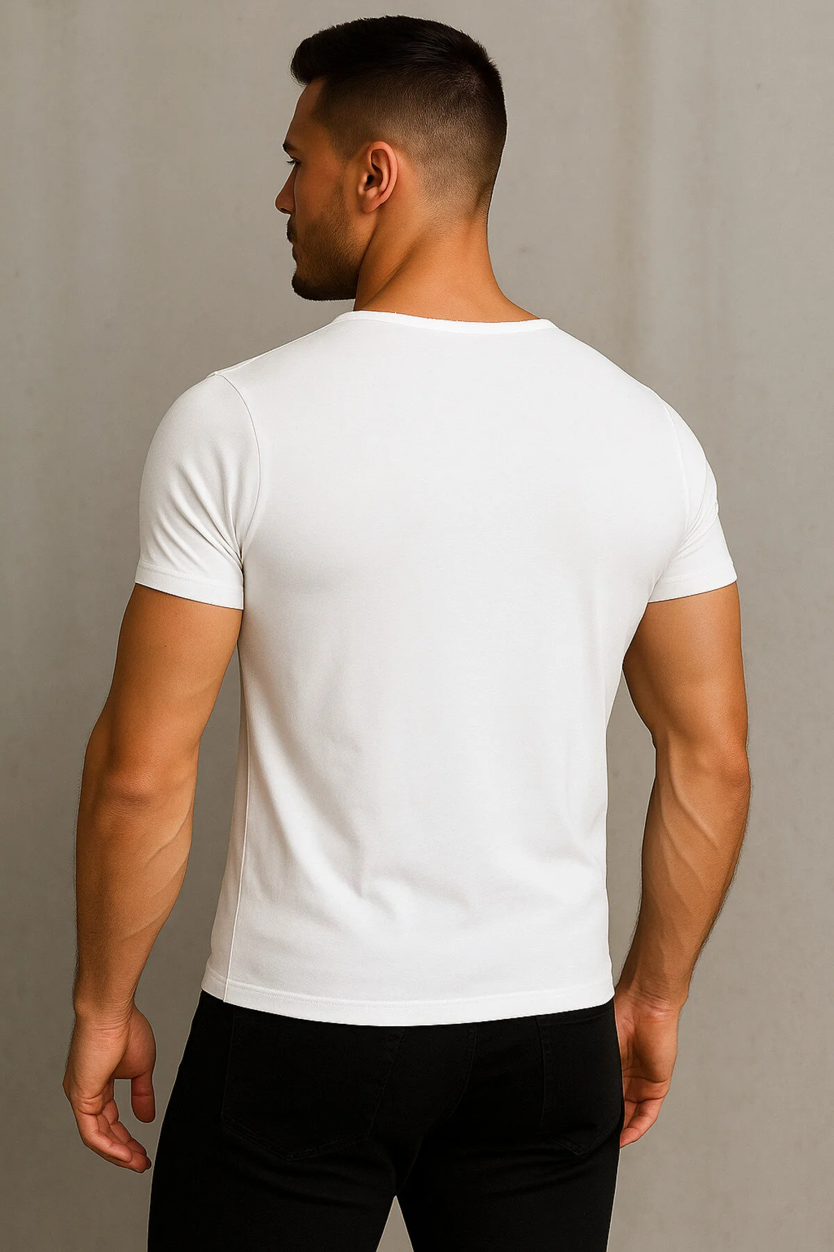 Özel Üretim Siyah Henley Yaka Düğmeli Açık Geniş Yaka Tişört T-shirt Beyaz