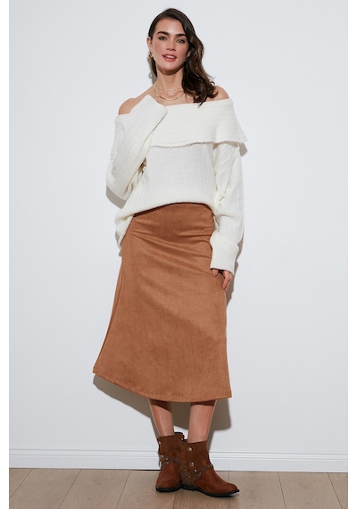 Lela Streç Regular Fit Yüksek Bel Midi Boy Süet Çan Bayan Etek 5866180 Vizon
