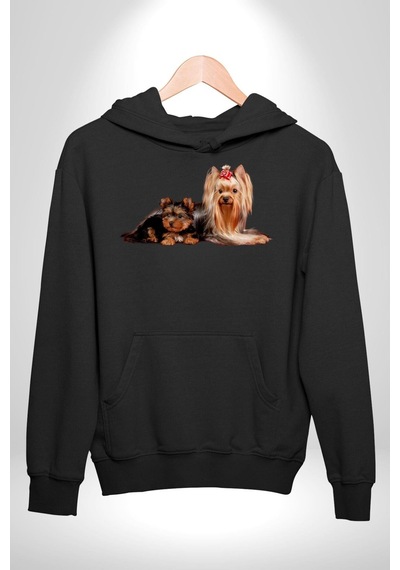 Yorkshire Teacup Ve Anne Köpek Kadın Erkek Siyah Kapüşonlu Sweatshirt Hoodie Siyah