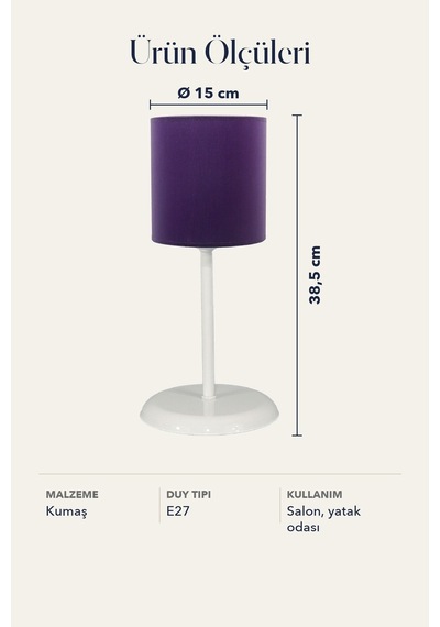 Şenay Aydınlatma Metal Ayaklı Silindir Kumaş Abajur Masa Lambası Mor Salon Yatak Odası