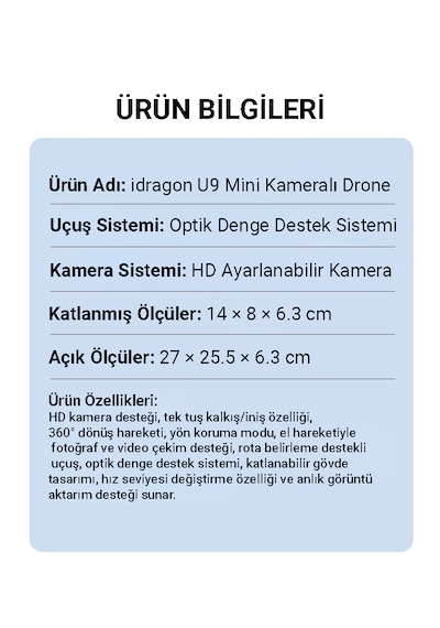 İdragon U9 Katlanabilir Mini Drone Ekranlı Kumanda Fırçasız Motor Hd Kamera Çift Bataryalı
