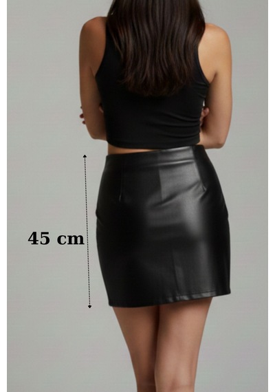 Sermoda Kalem Deri Etek - Bel Lastikli Slim Fit Mini Kalem Etek Ud Siyah Kd Siyah
