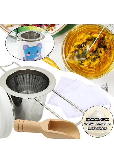 Love Yaprak Tay Infuser Seti Kapak Ahşap Kaşık Boş Drawstring File Torba Tea Drain Lid Diğer
