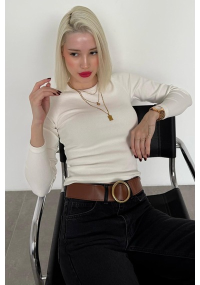 Madmext Ekru Bisiklet Yaka Slim Fit Kadın Body Mg2564 Ekru
