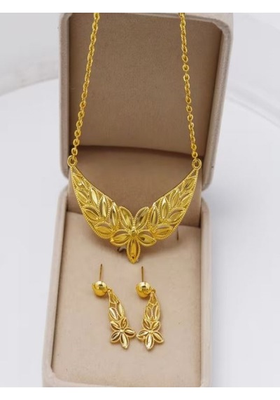Şık Altın Rengi Buğday Çiçeği Etnik Kolye Ve Küpe Seti Altın
