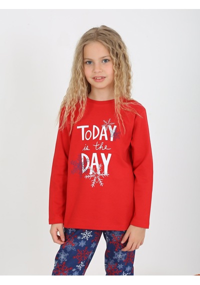 Kız Çocuk Uzun Kollu %100 Pamuklu Pijama Takımı Today Kırmızı