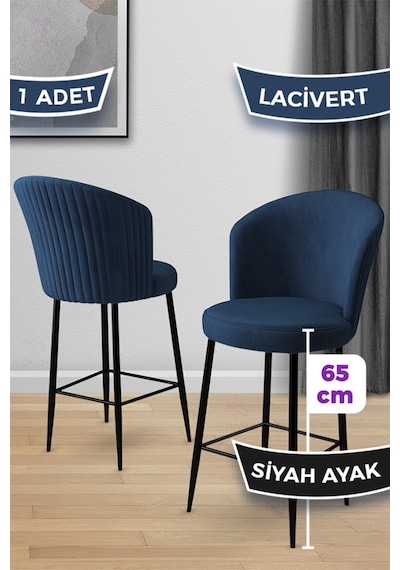 Canisa Alte Serisi 1 Adet 65 Cm Lacivert Ada Mutfak Bar Sandalyesi Babyface Kumaş Siyah Metal Ayaklı Lacivert Sandalye Siyah Ayak