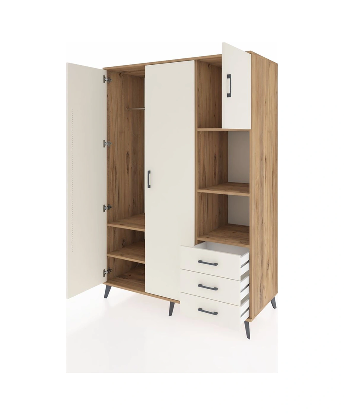 Kronos Dolap 5 Raflı 3 Çekmeceli Tek Askılı 132x59x195 Çam-ay... Çam