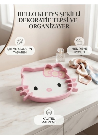Hello Kitty Şekilli Dekoratif Tepsi Ve Organizer Açık Beyaz