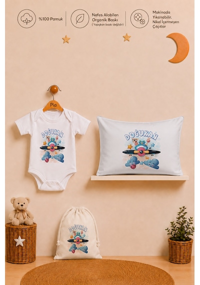 Pia Baby Erkek Bebek İsme Özel Hediye Seti %100 Pamuk Body Yastık Kılıfı Ve Ham Bez Bebek Kıyafet Kesesi 2048byk9x Ekru
