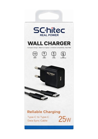 Schitec 25w Type-c Çıkışlı Hızlı Şarj Aleti Type-c To Type-c Kablolu Set Siyah Sc006 1 Metre