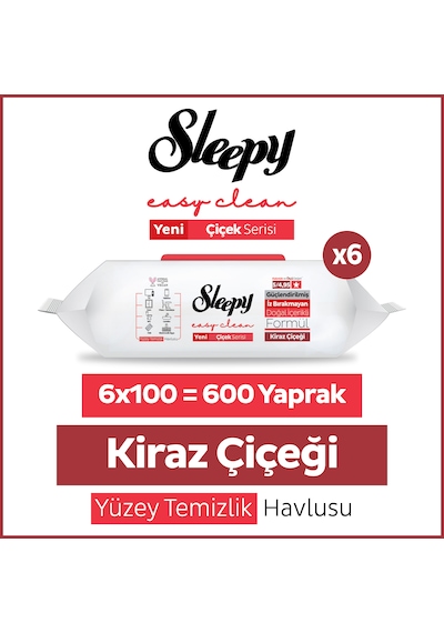 Sleepy Easy Clean Kiraz Çiçeği Yüzey Temizlik Havlusu Mendili 6x100 (600 Yaprak)