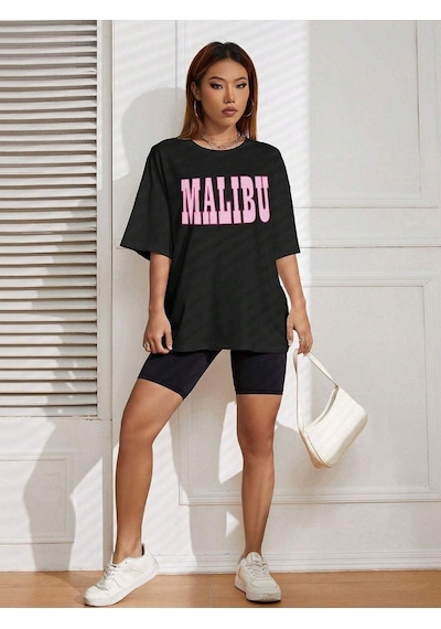 Malibu T-shirt - Siyah Baskılı Oversize Bisiklet Yaka Kısa Kol Tişört Siyah Malibu T-shirt - Siyah Baskılı Oversize Bisiklet Yaka Kısa Kol Tişört Siyah