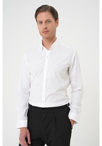 Efor Slim Fit Düğmeli Yaka Dokulu %100 Pamuk Klasik Beyaz 2 Gömlek Gk 726 Beyaz