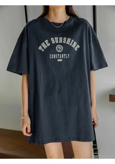 Flood Of Style Kadın Lacivert Beyaz The Sunshine Baskılı Oversize Bisiklet Yaka Tshirt
