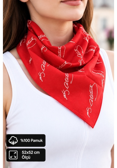 Herşeynota 100 Lü Atatürk İmzalı Kırmızı %100 Pamuk Fular 52x52 Cm Okul Tören Etkinlik Çok Renkli