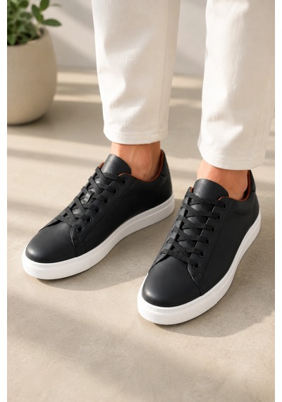 Mevese Austin Bağcıklı Cilt Erkek Günlük Sneaker Ayakkabı - Siyah Beyaz