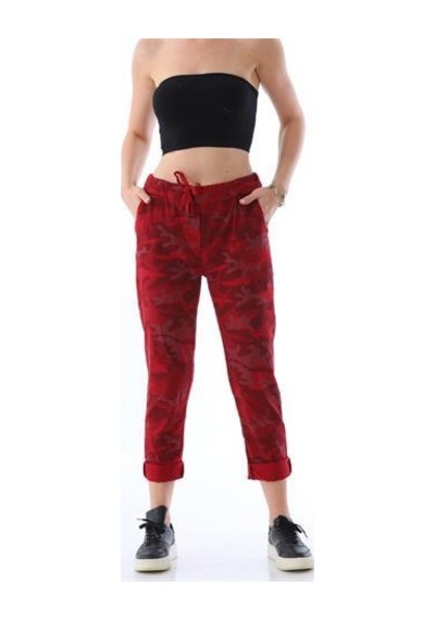 Eren Style Italyan Beli Bağlamalı Kamuflaj Desenli Dar Paça Pantolon-9078 Kırmızı