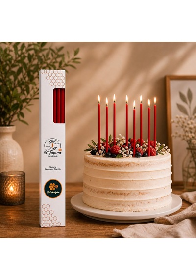 Petekoğlu Balmumu Mum Dilek Mumu Doğal Petek İnce Uzun Parti Nişan Düğün Ritüel Doğum Günü Mum 15 Adet Beeswax Candle Kırmızı