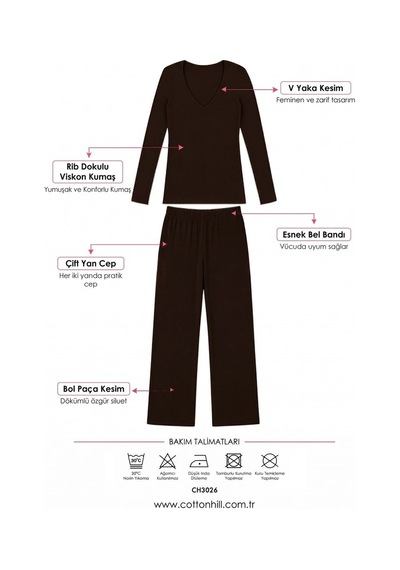 Cottonill Premium - Serene Collection Kahverengi Rib Dokulu Bol Paça V Yaka Viskon Kadın Pijama Takımı