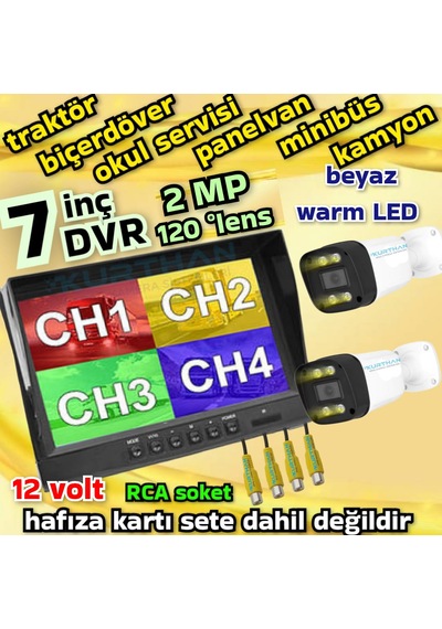 Tarım Araçlarına Özel 2 Adet Ahd 2 Mp Warm Ledli Kamera 7 İnç Qled Ips 256 Gb Dvr Monitör 12 Volt