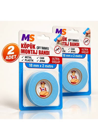 2 Adet Ultra Güçlü 18 Mm X 2 Metre Çift Taraflı Köpük Montaj Bandı Metal Plastik Cam Bantı Bantları