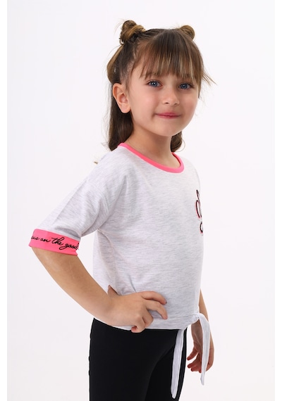 Toontoy Kids Toontoy Kız Çocuk Önü Bağlama Detaylı Baskılı Tişört Gri Melanj