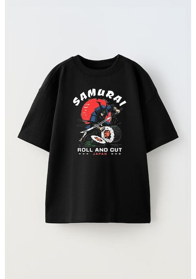 Thewert Unisex Samurai Cutting Sushi Tasarım Baskılı Pamuk Sıyah Oversize T-shirt Siyah