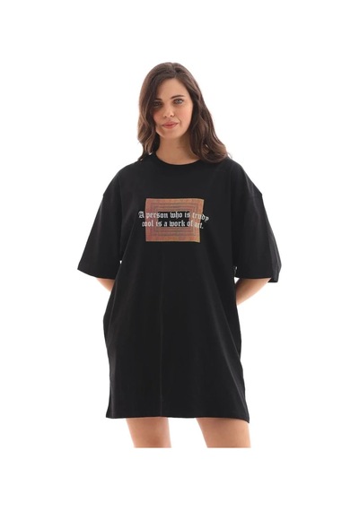 Kadın Baskılı T-shirt Kısa Kol Bisiklet Yaka Oversize Rahat Kalıp Tişört - Siyah