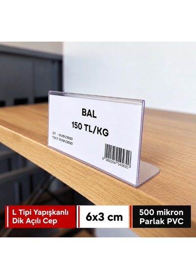L Tipi Siperli Yapışkanlı Şeffaf Pvc Etiketlik 6x3cm 200lü Paket 200 Adet