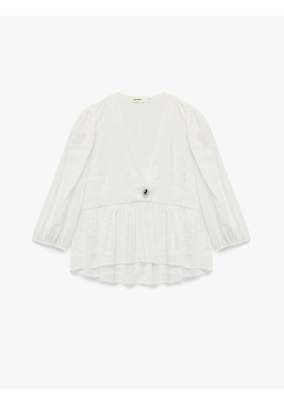 Koton Modal Kumaş V Yaka 3/4 Kol Peplum Kesim Kruvaze Bluz Beyaz 6wak60102pw Beyaz