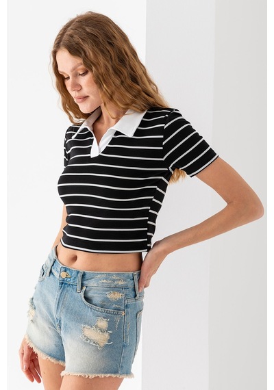 Giysa Kadın Polo Yaka Çizgili Pamuklu T-shirt Siyah Beyaz - 25795 Siyah - Beyaz